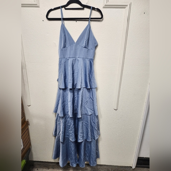 Lulus Going with Elegance Slate Blue Satin Tiered Gown Wedding Party Prom Formal - Picture 6 of 8